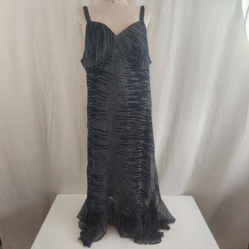 Black Patterned Slip Maxi Dress with Ruffle Hem